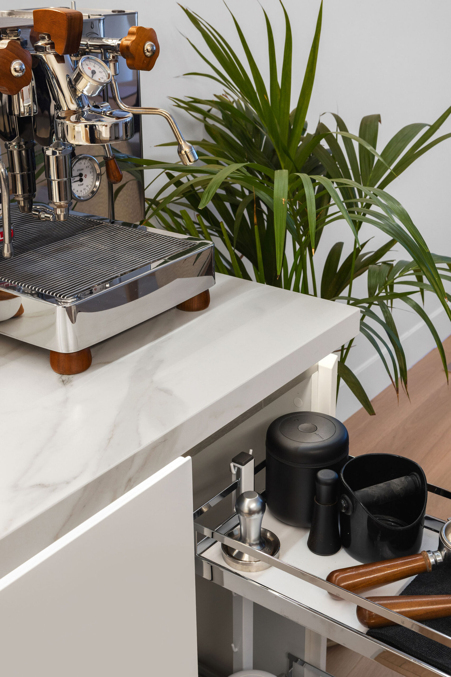 Home coffee station with pull out cabinet